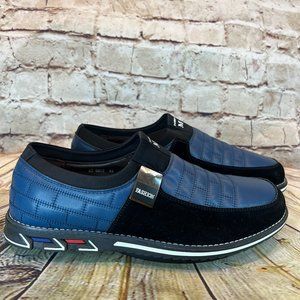 Fashion Men s Blue and Black Slip On Dress Loafers Brick Pattern Size 12